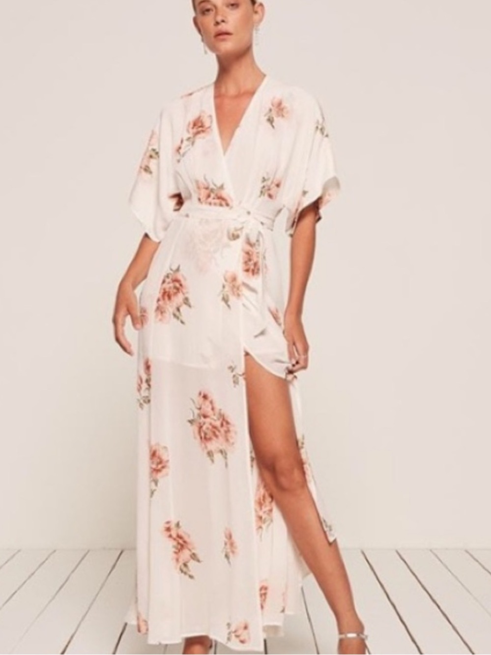 Reformation Winslow Maxi Wrap Dress White Pink Floral Kimono Sleeve Boho
